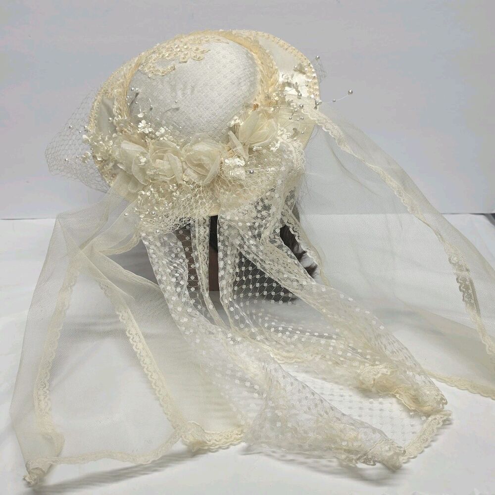 Vintage 60s Bridal Ivory Wedding Sequined Bridal Hat With Veil Faux Pearls